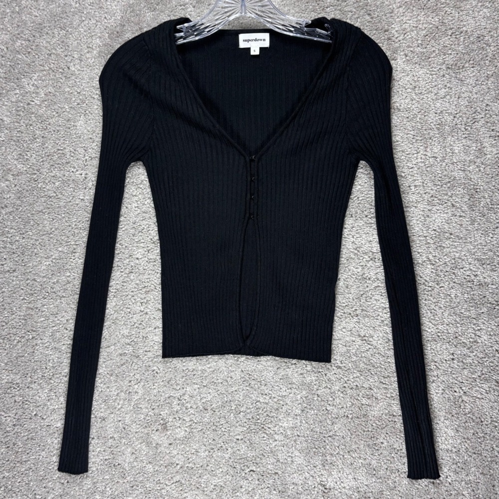 superdown Black Ribbed Hook and Eye V-Neck Cardigan Top Small Long Sleeve Slim